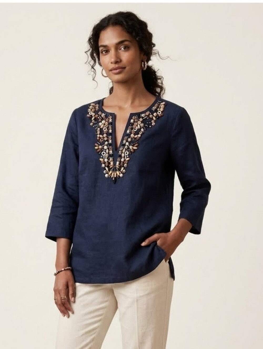 Michael by Michael Kors Black 100% Linen Beaded Tunic Top Size S